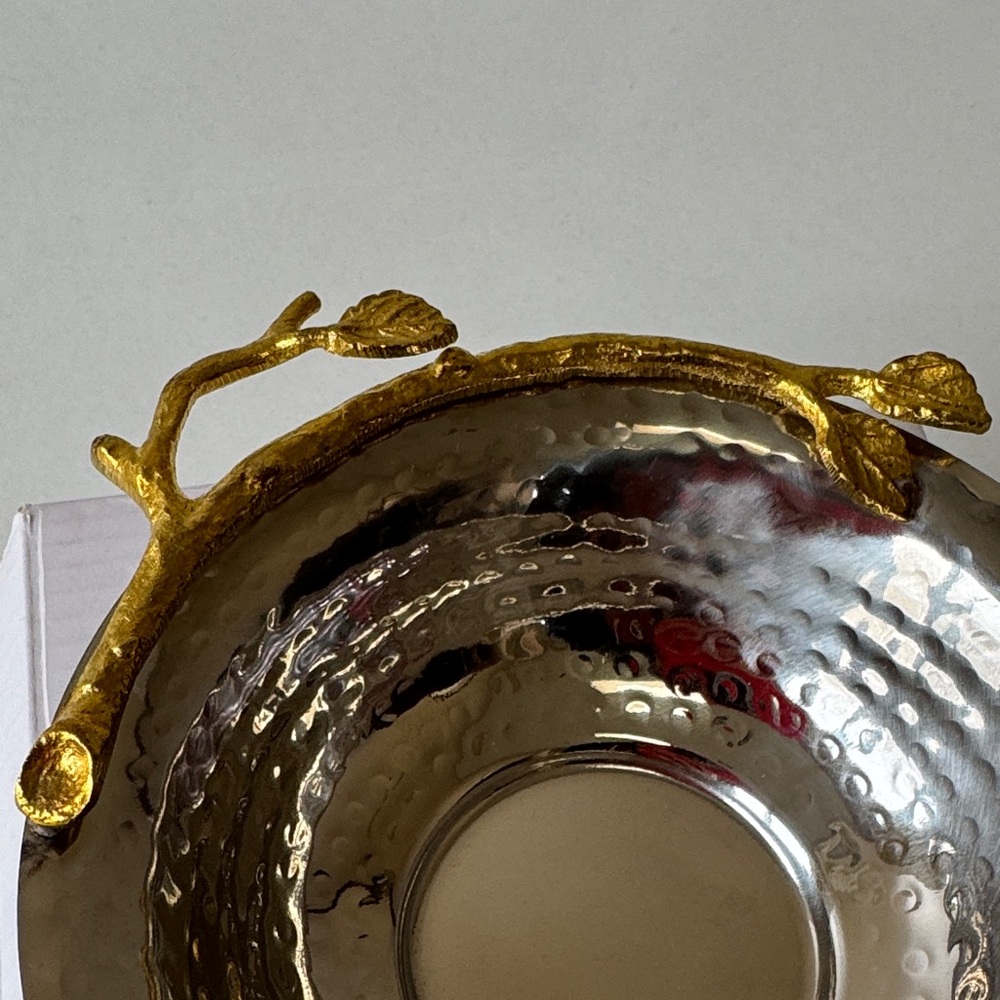Hammered Silver Color Decorative Bowl with Gold Leaf Handle - Picture 2 of 7